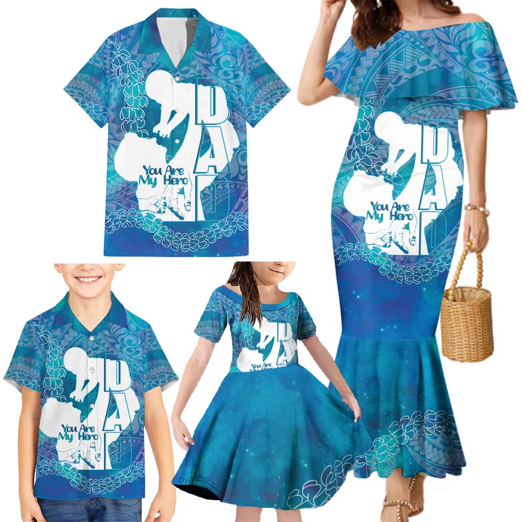 Turquoise Polynesia Father's Day Family Matching Mermaid Dress and Hawaiian Shirt Dad You Are My Hero