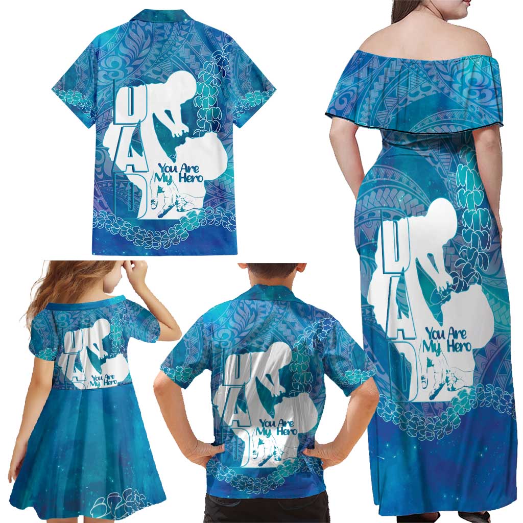 Turquoise Polynesia Father's Day Family Matching Off Shoulder Maxi Dress and Hawaiian Shirt Dad You Are My Hero