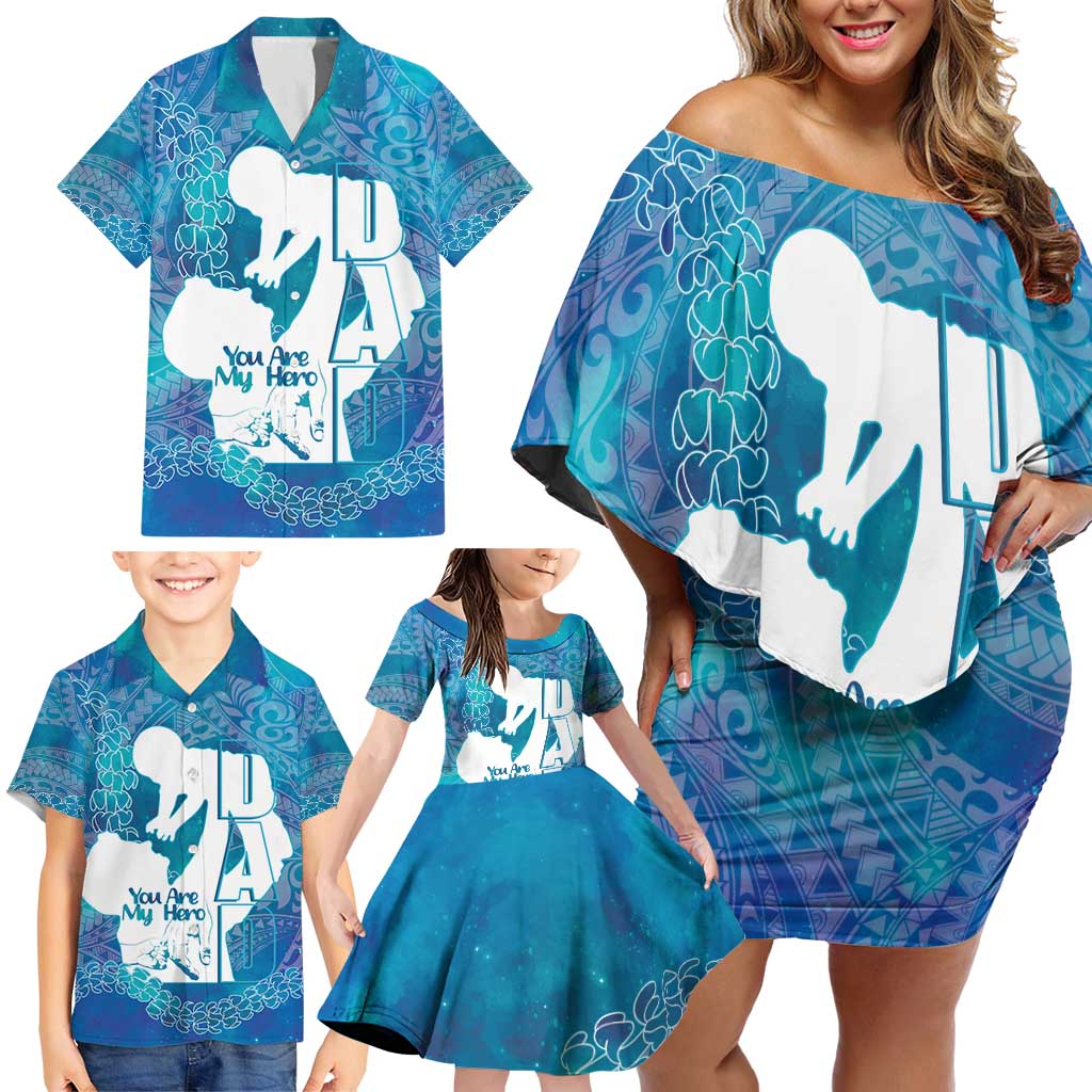 Turquoise Polynesia Father's Day Family Matching Off Shoulder Short Dress and Hawaiian Shirt Dad You Are My Hero