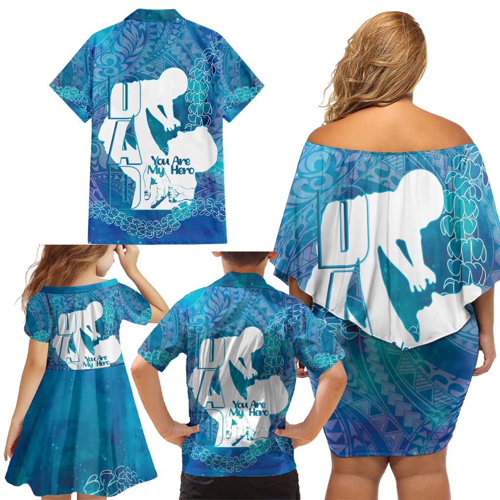Turquoise Polynesia Father's Day Family Matching Off Shoulder Short Dress and Hawaiian Shirt Dad You Are My Hero