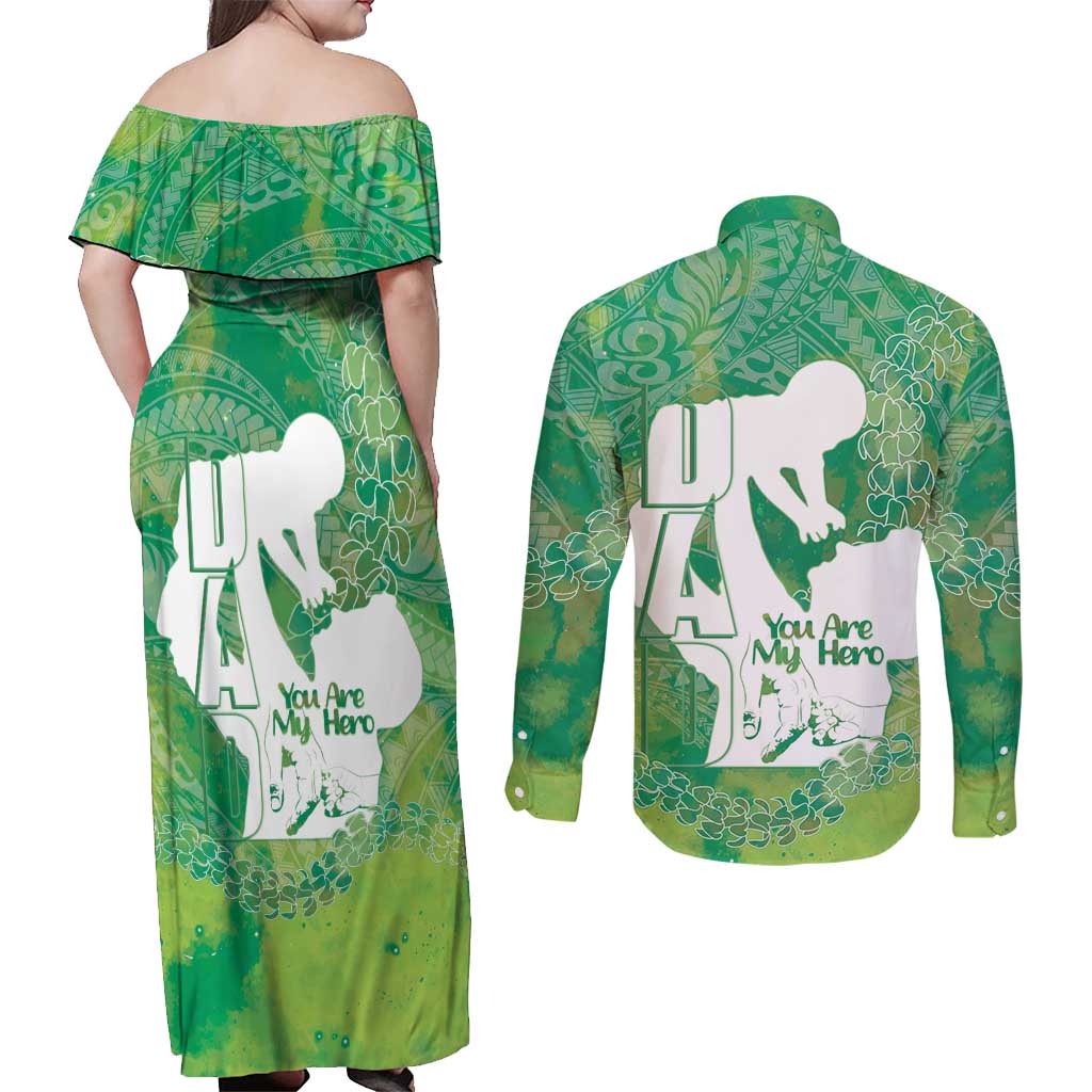 Green Polynesia Father's Day Couples Matching Off Shoulder Maxi Dress and Long Sleeve Button Shirt Dad You Are My Hero