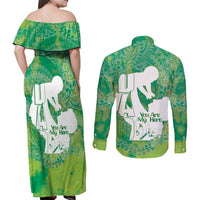 Green Polynesia Father's Day Couples Matching Off Shoulder Maxi Dress and Long Sleeve Button Shirt Dad You Are My Hero