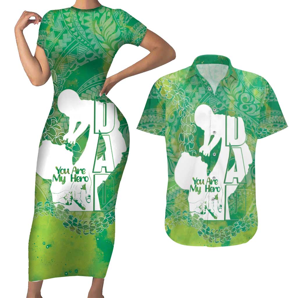 Green Polynesia Father's Day Couples Matching Short Sleeve Bodycon Dress and Hawaiian Shirt Dad You Are My Hero