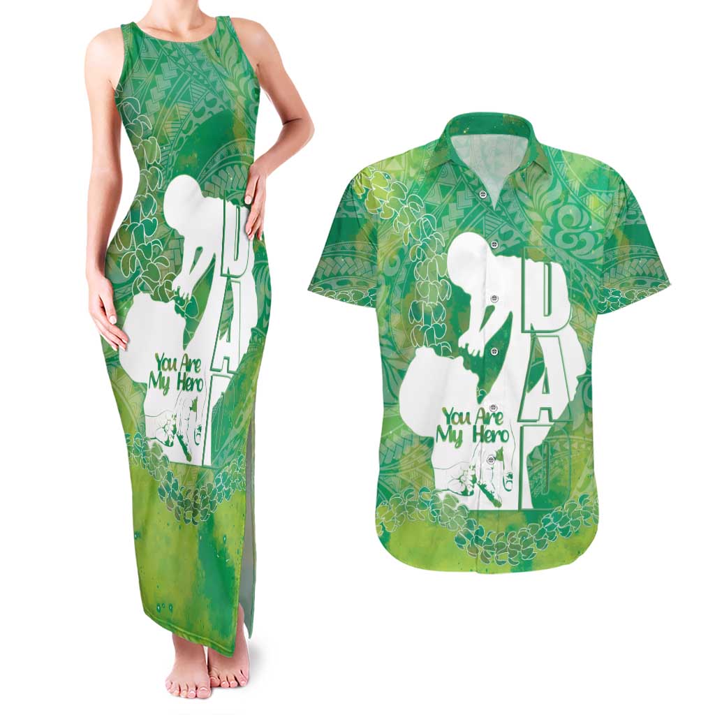Green Polynesia Father's Day Couples Matching Tank Maxi Dress and Hawaiian Shirt Dad You Are My Hero