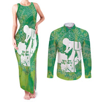 Green Polynesia Father's Day Couples Matching Tank Maxi Dress and Long Sleeve Button Shirt Dad You Are My Hero