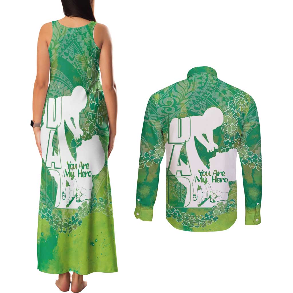 Green Polynesia Father's Day Couples Matching Tank Maxi Dress and Long Sleeve Button Shirt Dad You Are My Hero