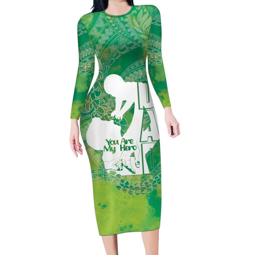 Green Polynesia Father's Day Family Matching Long Sleeve Bodycon Dress and Hawaiian Shirt Dad You Are My Hero