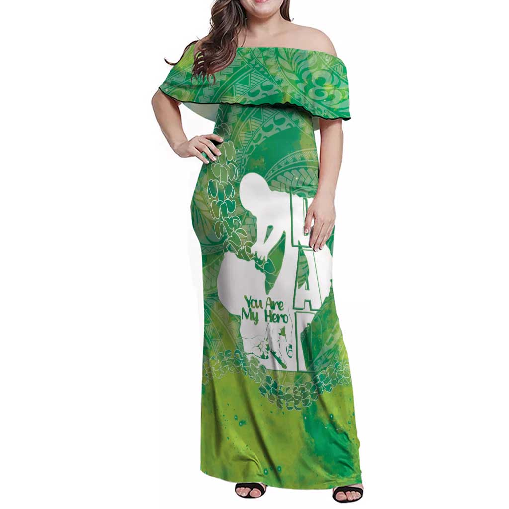 Green Polynesia Father's Day Family Matching Off Shoulder Maxi Dress and Hawaiian Shirt Dad You Are My Hero