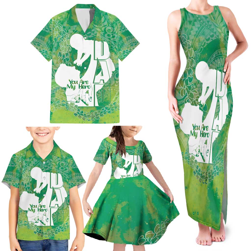 Green Polynesia Father's Day Family Matching Tank Maxi Dress and Hawaiian Shirt Dad You Are My Hero
