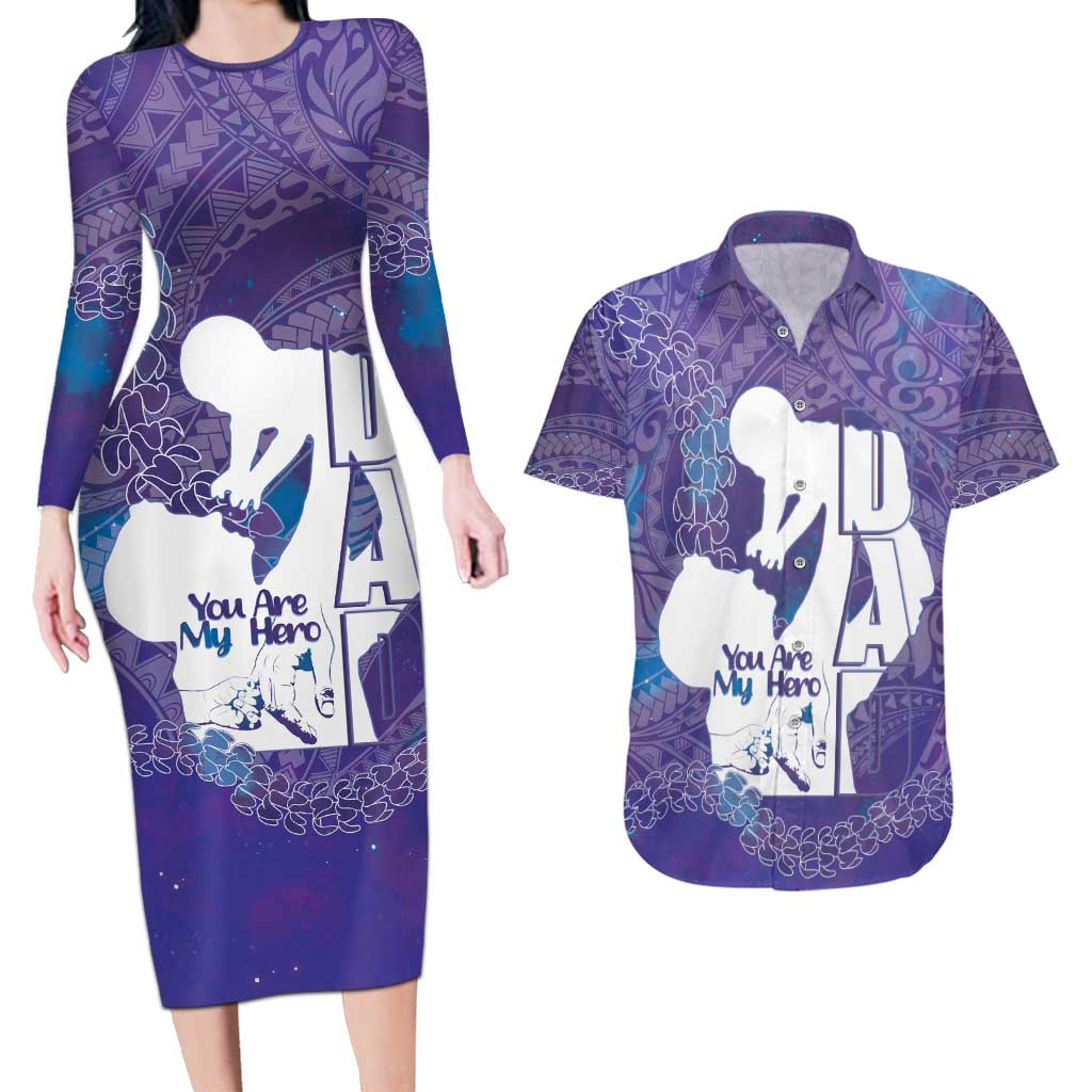 Purple Polynesia Father's Day Couples Matching Long Sleeve Bodycon Dress and Hawaiian Shirt Dad You Are My Hero