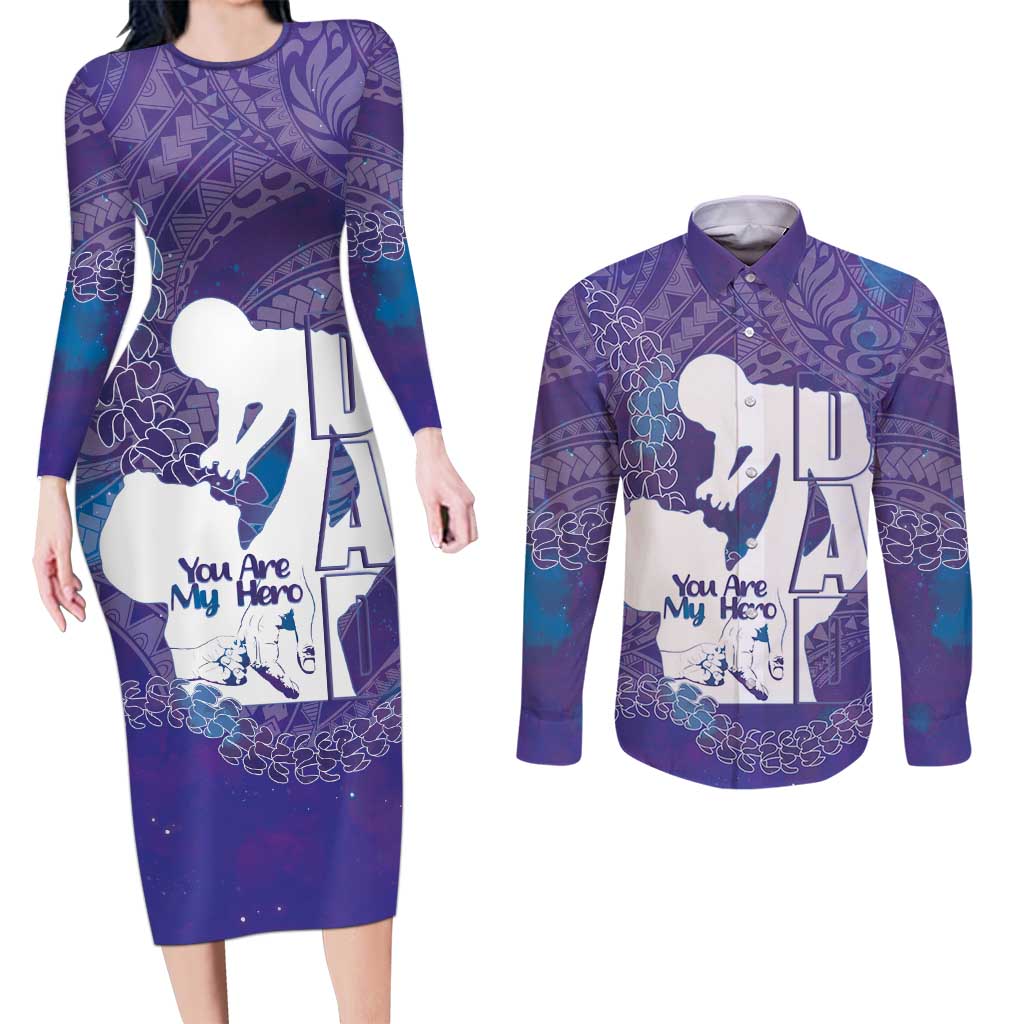 Purple Polynesia Father's Day Couples Matching Long Sleeve Bodycon Dress and Long Sleeve Button Shirt Dad You Are My Hero