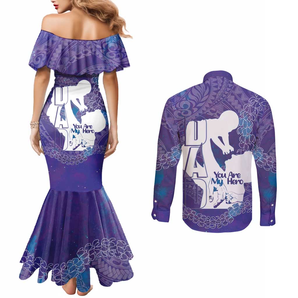 Purple Polynesia Father's Day Couples Matching Mermaid Dress and Long Sleeve Button Shirt Dad You Are My Hero