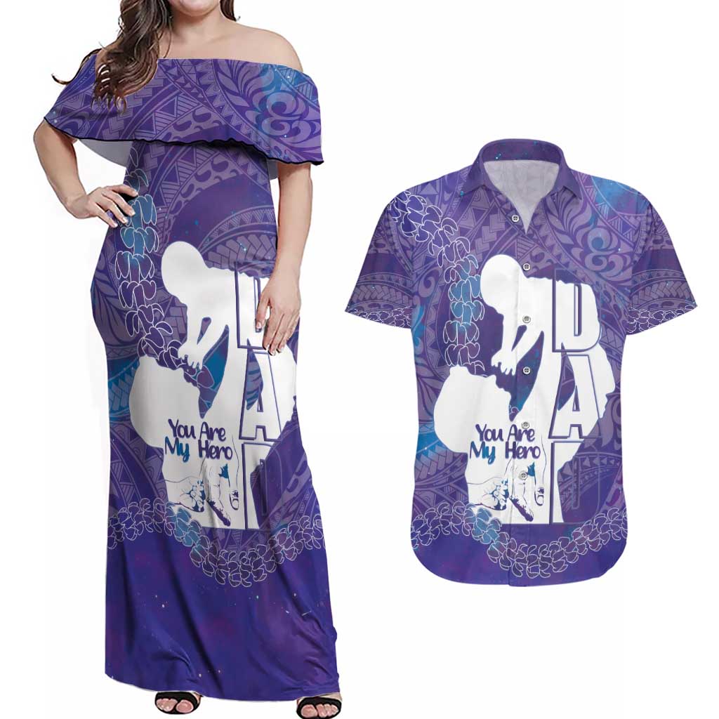 Purple Polynesia Father's Day Couples Matching Off Shoulder Maxi Dress and Hawaiian Shirt Dad You Are My Hero