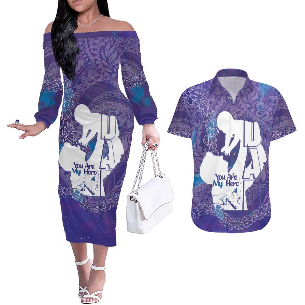 Purple Polynesia Father's Day Couples Matching Off The Shoulder Long Sleeve Dress and Hawaiian Shirt Dad You Are My Hero
