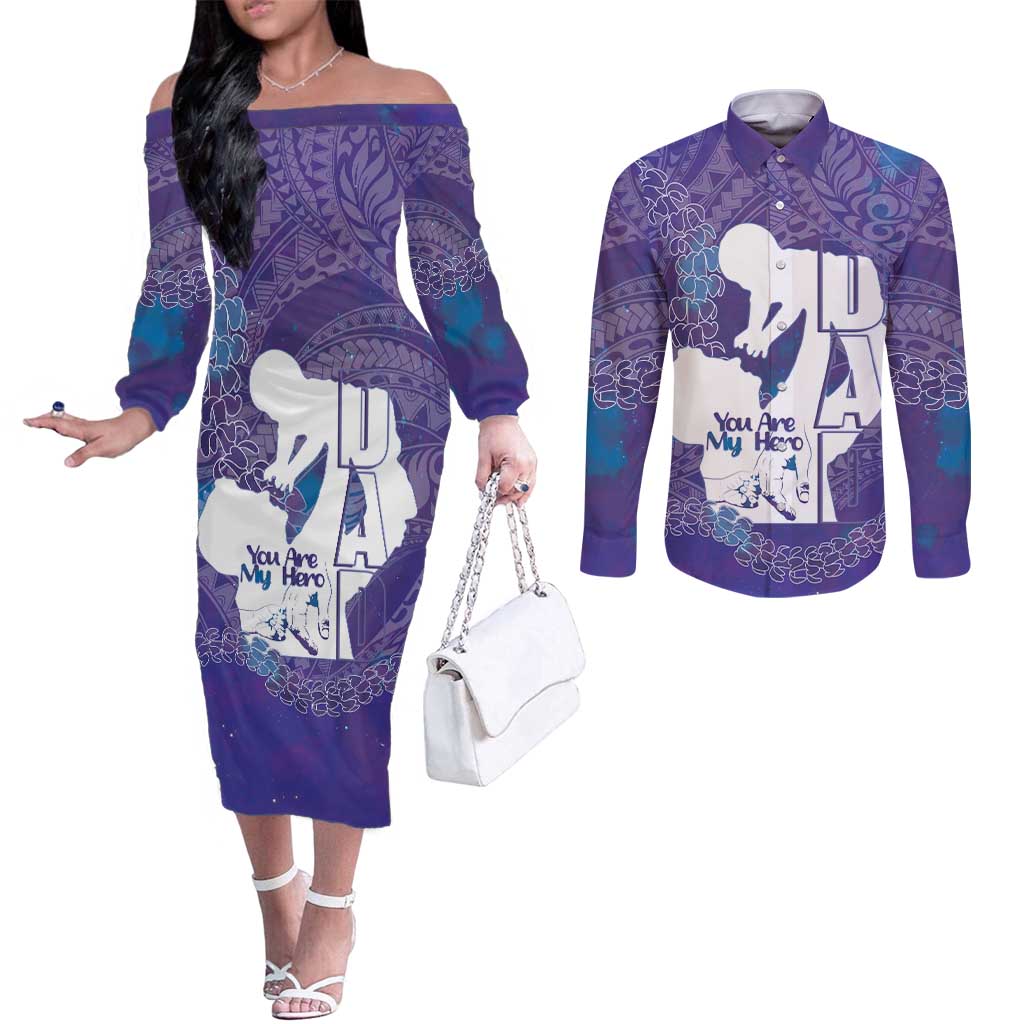 Purple Polynesia Father's Day Couples Matching Off The Shoulder Long Sleeve Dress and Long Sleeve Button Shirt Dad You Are My Hero