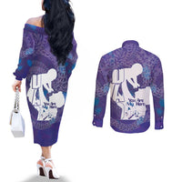 Purple Polynesia Father's Day Couples Matching Off The Shoulder Long Sleeve Dress and Long Sleeve Button Shirt Dad You Are My Hero