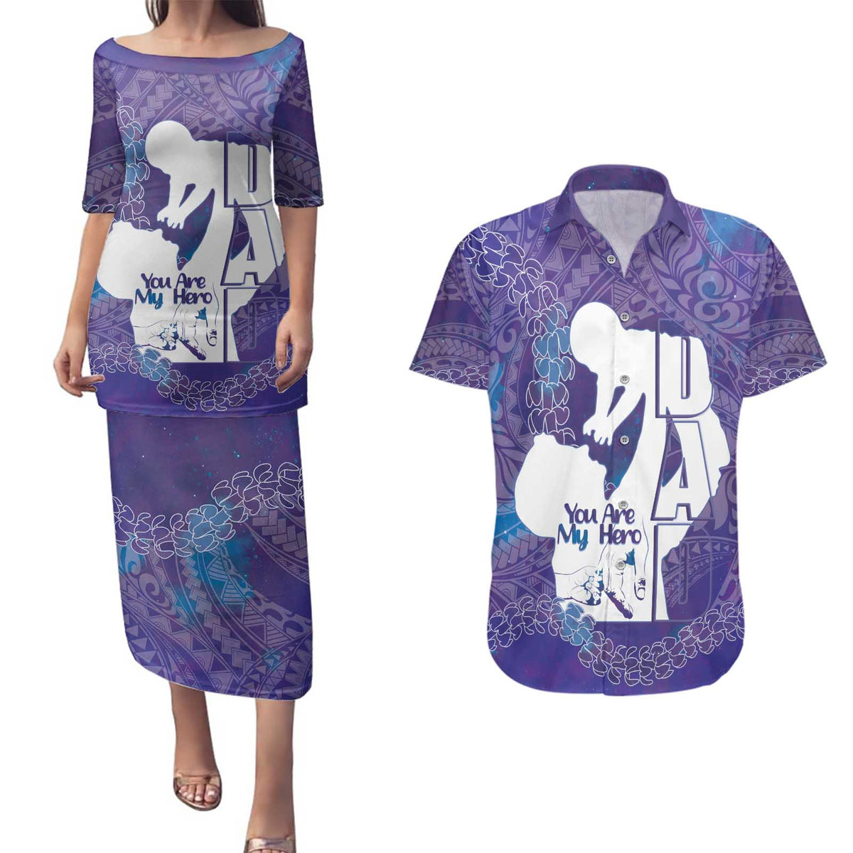 Purple Polynesia Father's Day Couples Matching Puletasi and Hawaiian Shirt Dad You Are My Hero