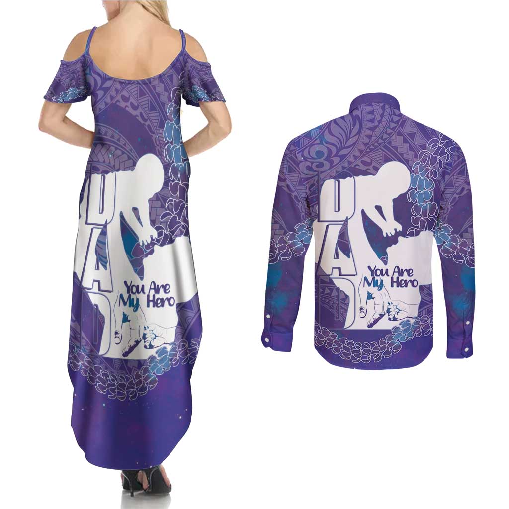 Purple Polynesia Father's Day Couples Matching Summer Maxi Dress and Long Sleeve Button Shirt Dad You Are My Hero