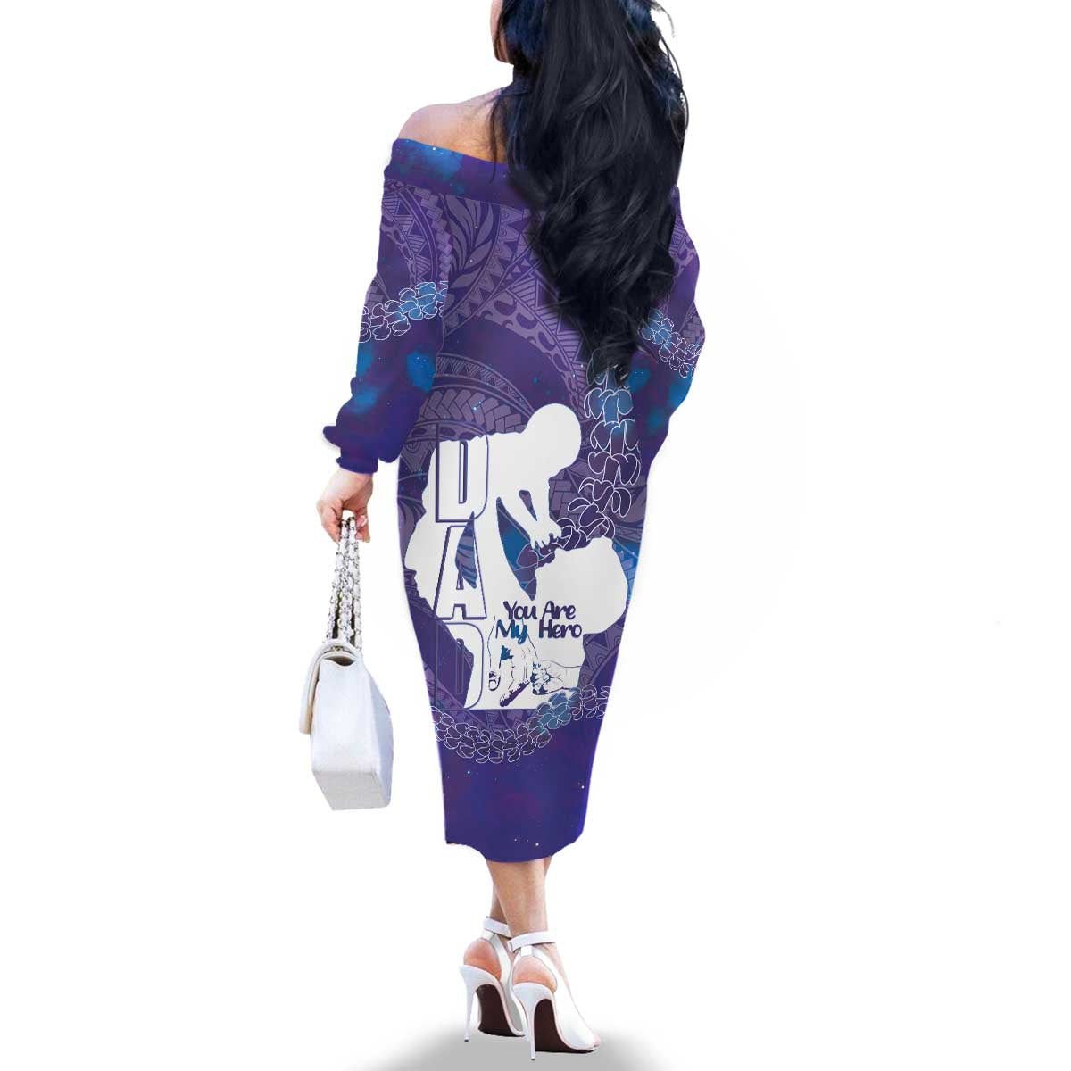 Purple Polynesia Father's Day Family Matching Off The Shoulder Long Sleeve Dress and Hawaiian Shirt Dad You Are My Hero