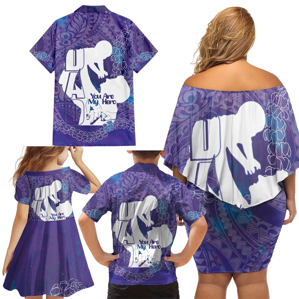 Purple Polynesia Father's Day Family Matching Off Shoulder Short Dress and Hawaiian Shirt Dad You Are My Hero