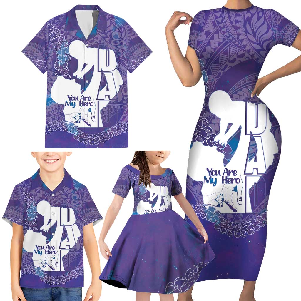 Purple Polynesia Father's Day Family Matching Short Sleeve Bodycon Dress and Hawaiian Shirt Dad You Are My Hero