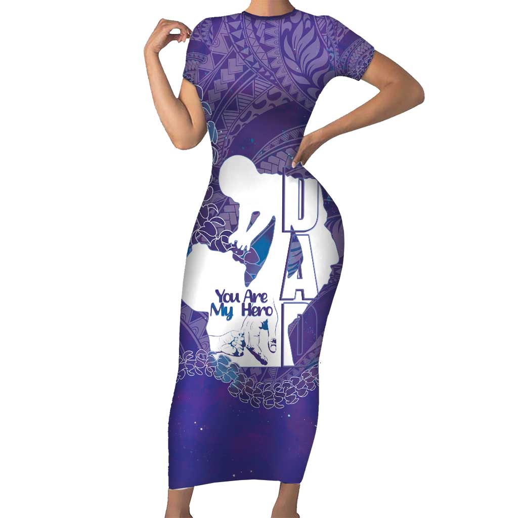 Purple Polynesia Father's Day Family Matching Short Sleeve Bodycon Dress and Hawaiian Shirt Dad You Are My Hero