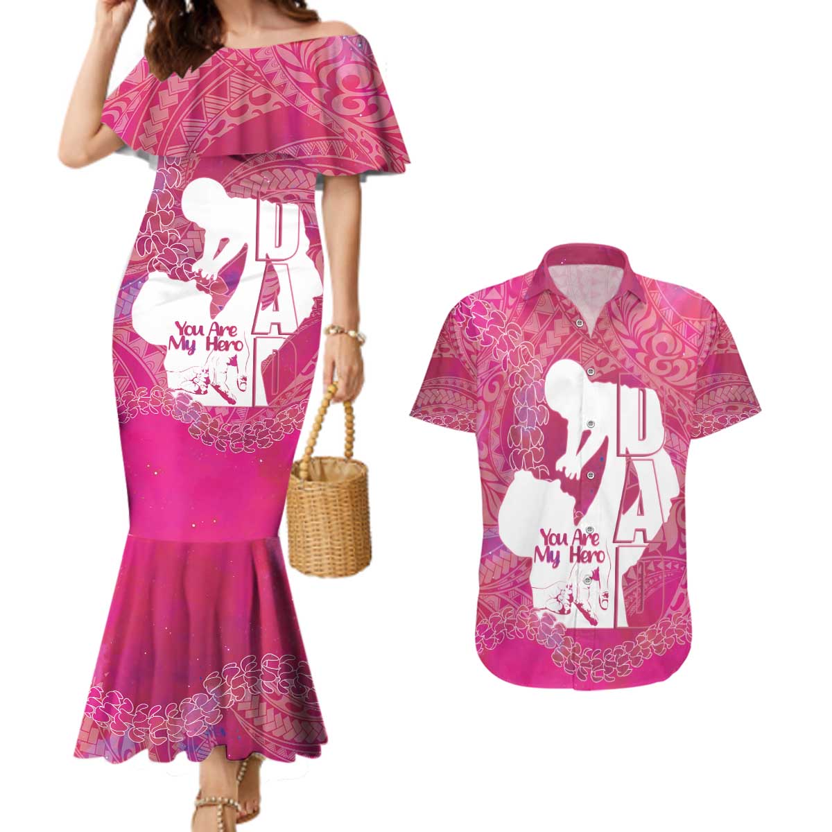 Pink Polynesia Father's Day Couples Matching Mermaid Dress and Hawaiian Shirt Dad You Are My Hero