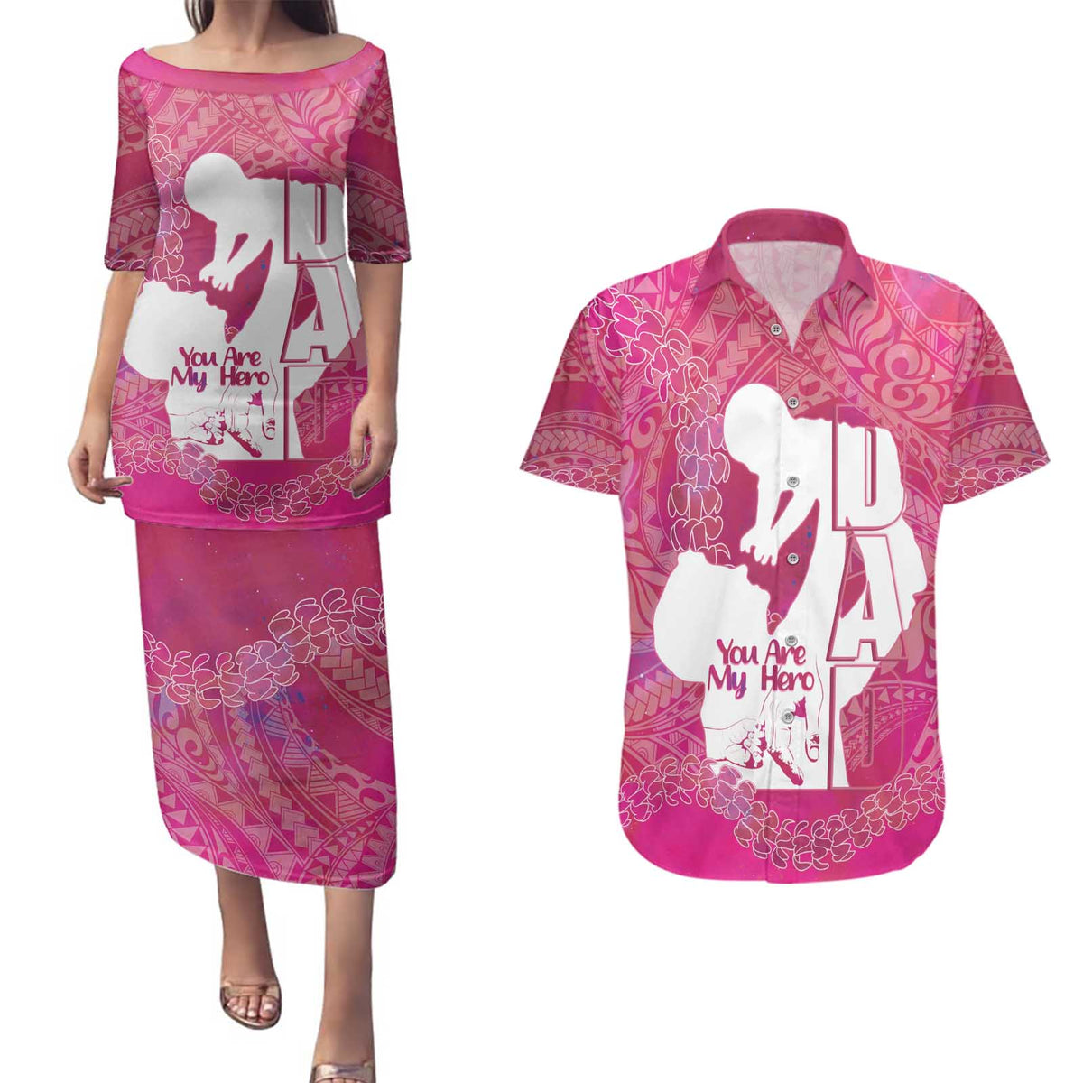 Pink Polynesia Father's Day Couples Matching Puletasi and Hawaiian Shirt Dad You Are My Hero