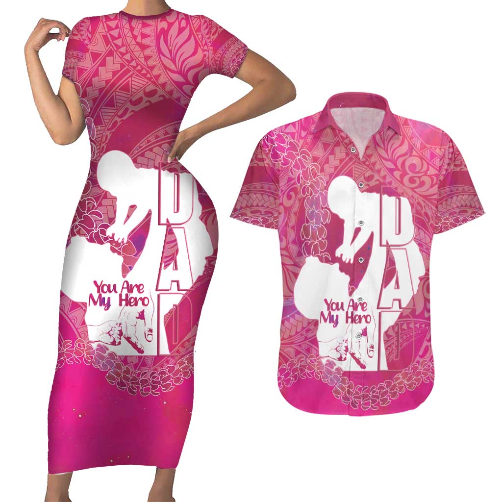 Pink Polynesia Father's Day Couples Matching Short Sleeve Bodycon Dress and Hawaiian Shirt Dad You Are My Hero