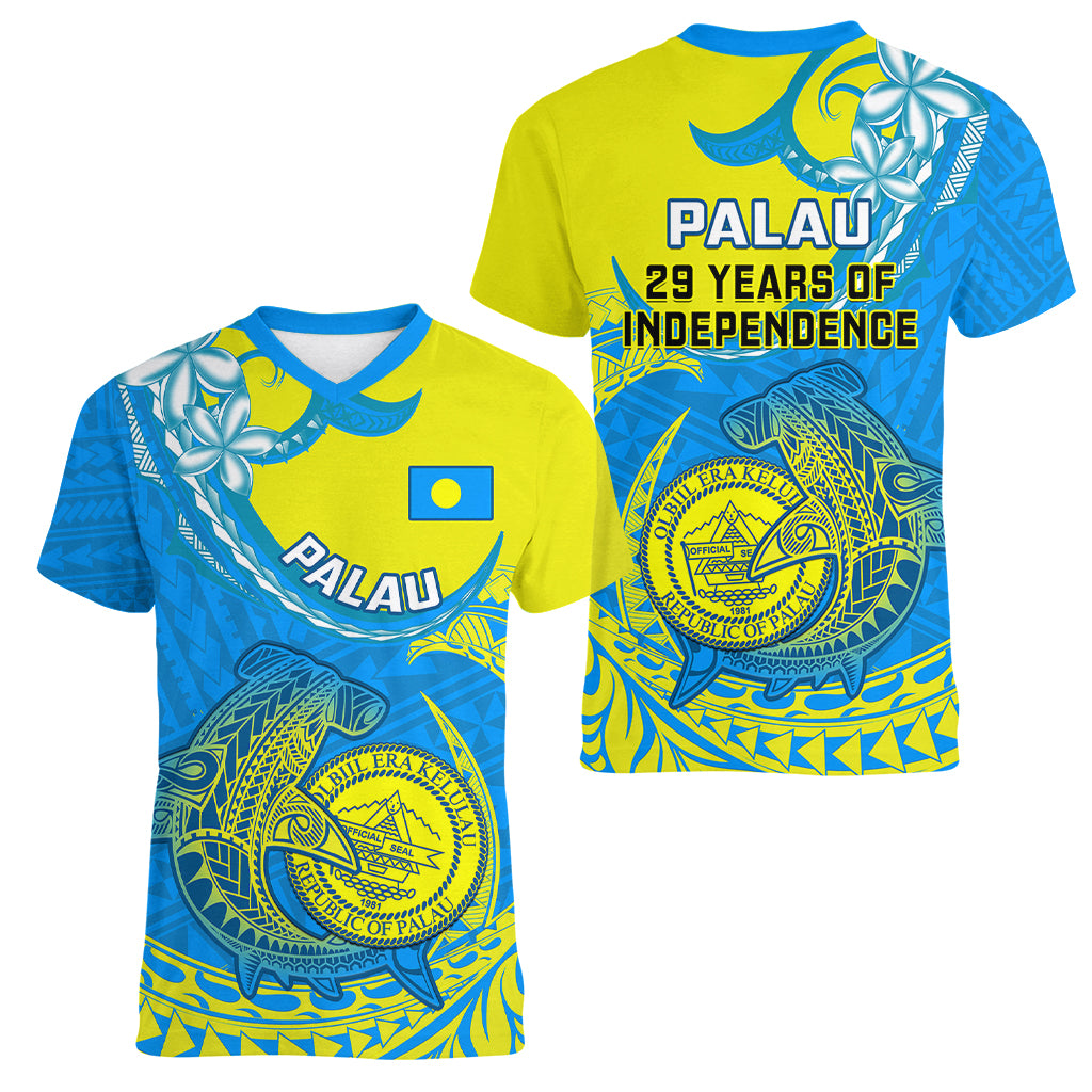 Palau Independence Day Women V Neck T Shirt Happy 29th Anniversary Polynesian Hammerhead Shark LT14 - Polynesian Pride