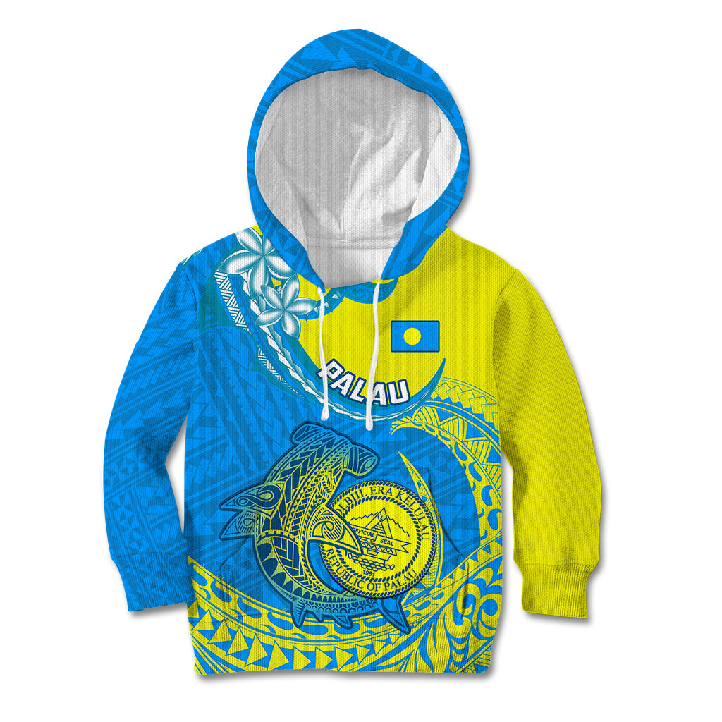 Personalised Palau Independence Day Kid Hoodie Happy 29th Anniversary Polynesian Hammerhead Shark LT14 Hoodie Blue - Polynesian Pride