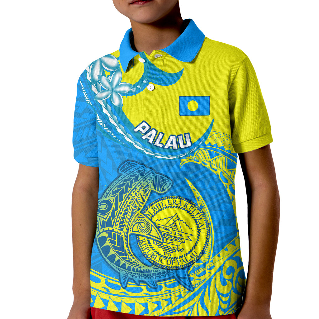 Personalised Palau Independence Day Kid Polo Shirt Happy 29th Anniversary Polynesian Hammerhead Shark LT14 Kid Blue - Polynesian Pride
