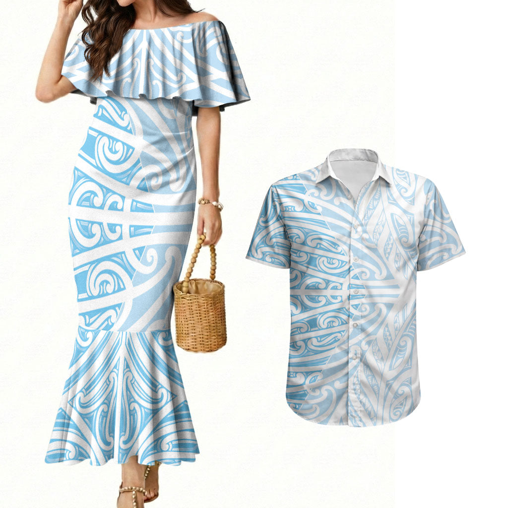 Blue New Zealand Puhoro Maori Tattoo Couples Matching Mermaid Dress and Hawaiian Shirt LT14 Blue - Polynesian Pride