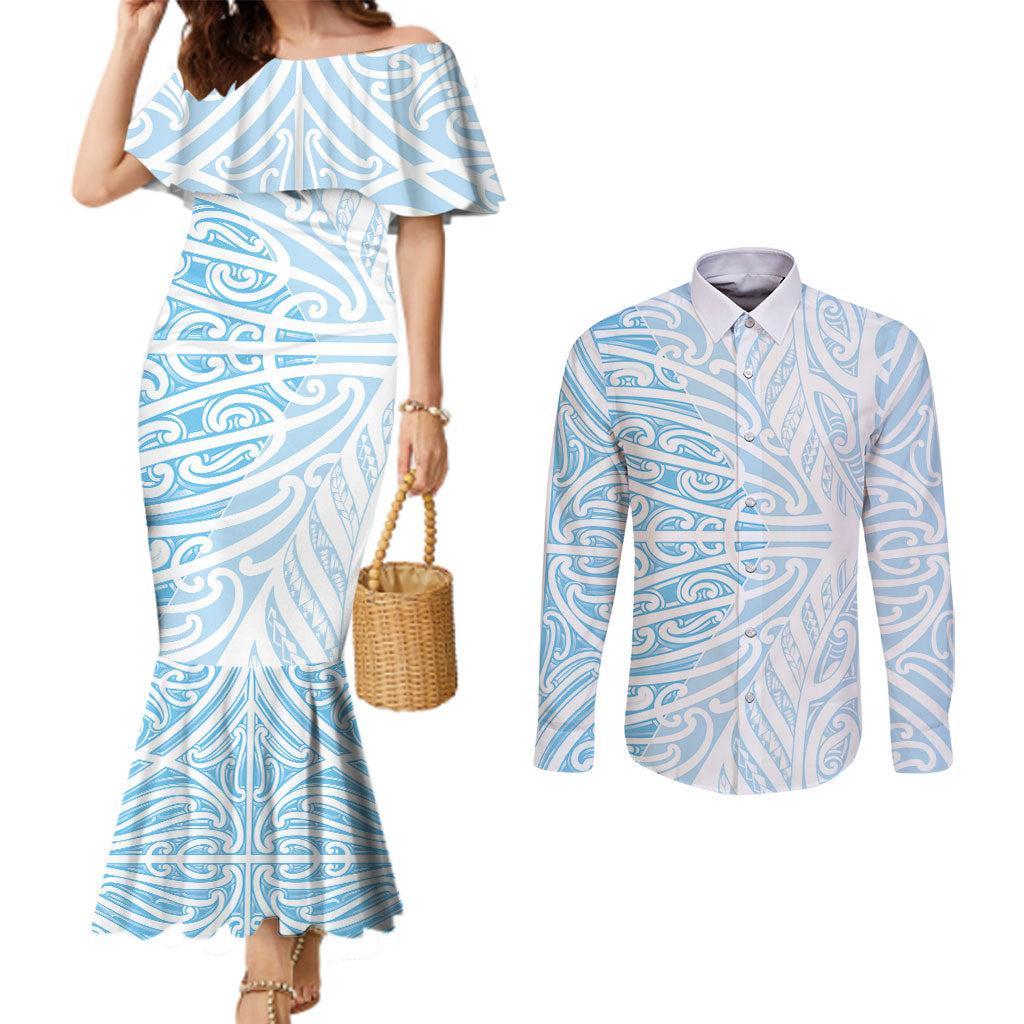 Blue New Zealand Puhoro Maori Tattoo Couples Matching Mermaid Dress and Long Sleeve Button Shirt