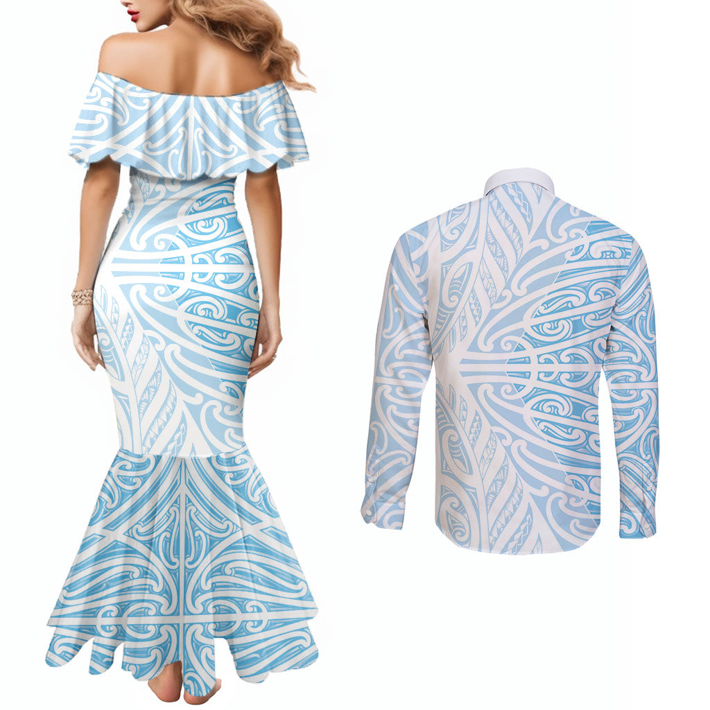 Blue New Zealand Puhoro Maori Tattoo Couples Matching Mermaid Dress and Long Sleeve Button Shirt