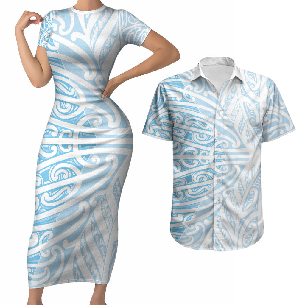 Blue New Zealand Puhoro Maori Tattoo Couples Matching Short Sleeve Bodycon Dress and Hawaiian Shirt LT14 Blue - Polynesian Pride
