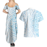 Blue New Zealand Puhoro Maori Tattoo Couples Matching Summer Maxi Dress and Hawaiian Shirt