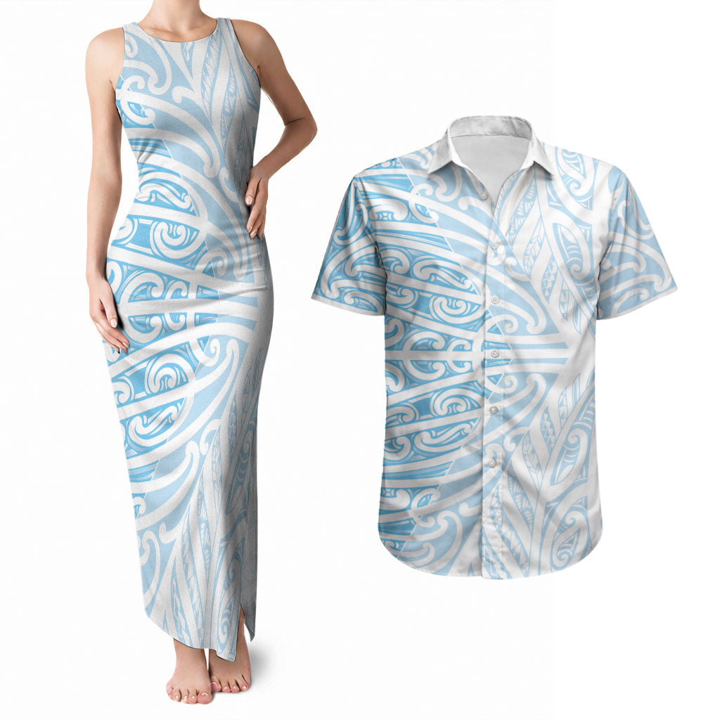 Blue New Zealand Puhoro Maori Tattoo Couples Matching Tank Maxi Dress and Hawaiian Shirt LT14 Blue - Polynesian Pride