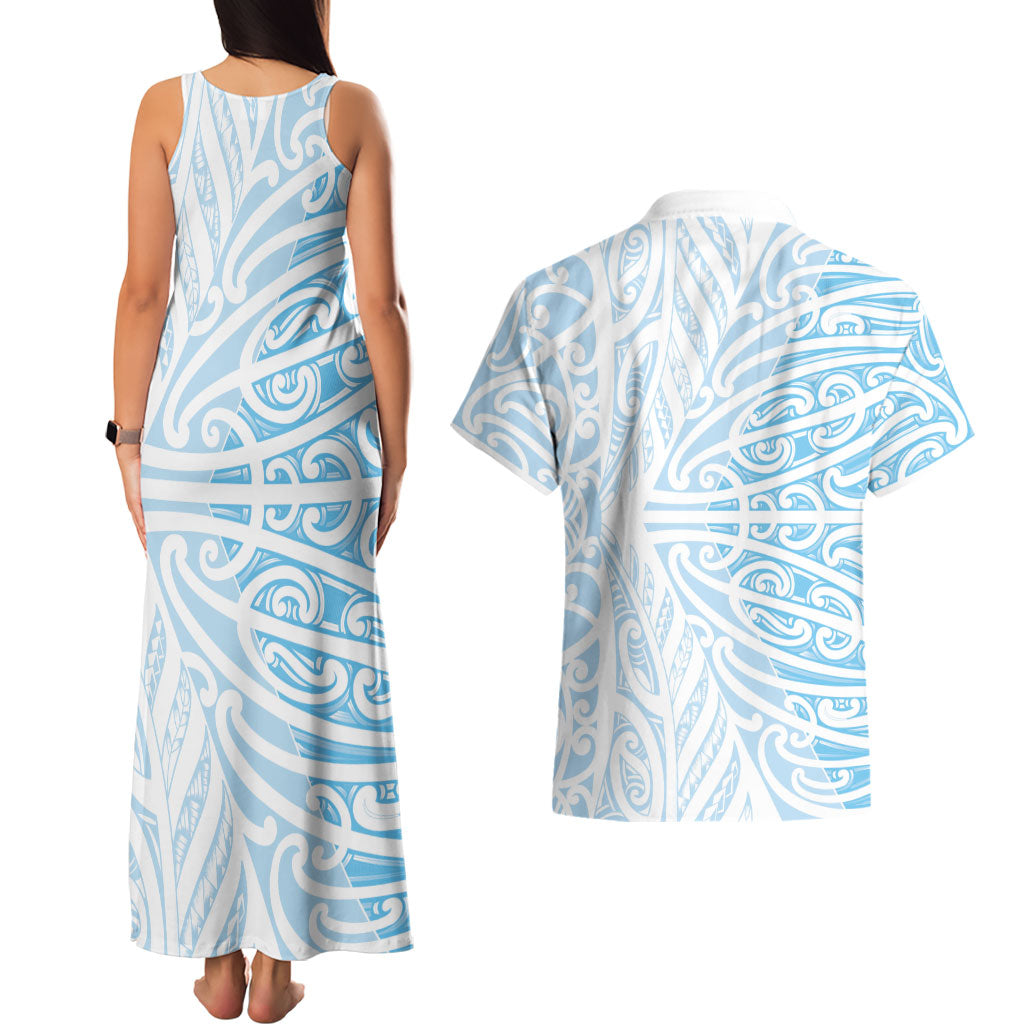 Blue New Zealand Puhoro Maori Tattoo Couples Matching Tank Maxi Dress and Hawaiian Shirt