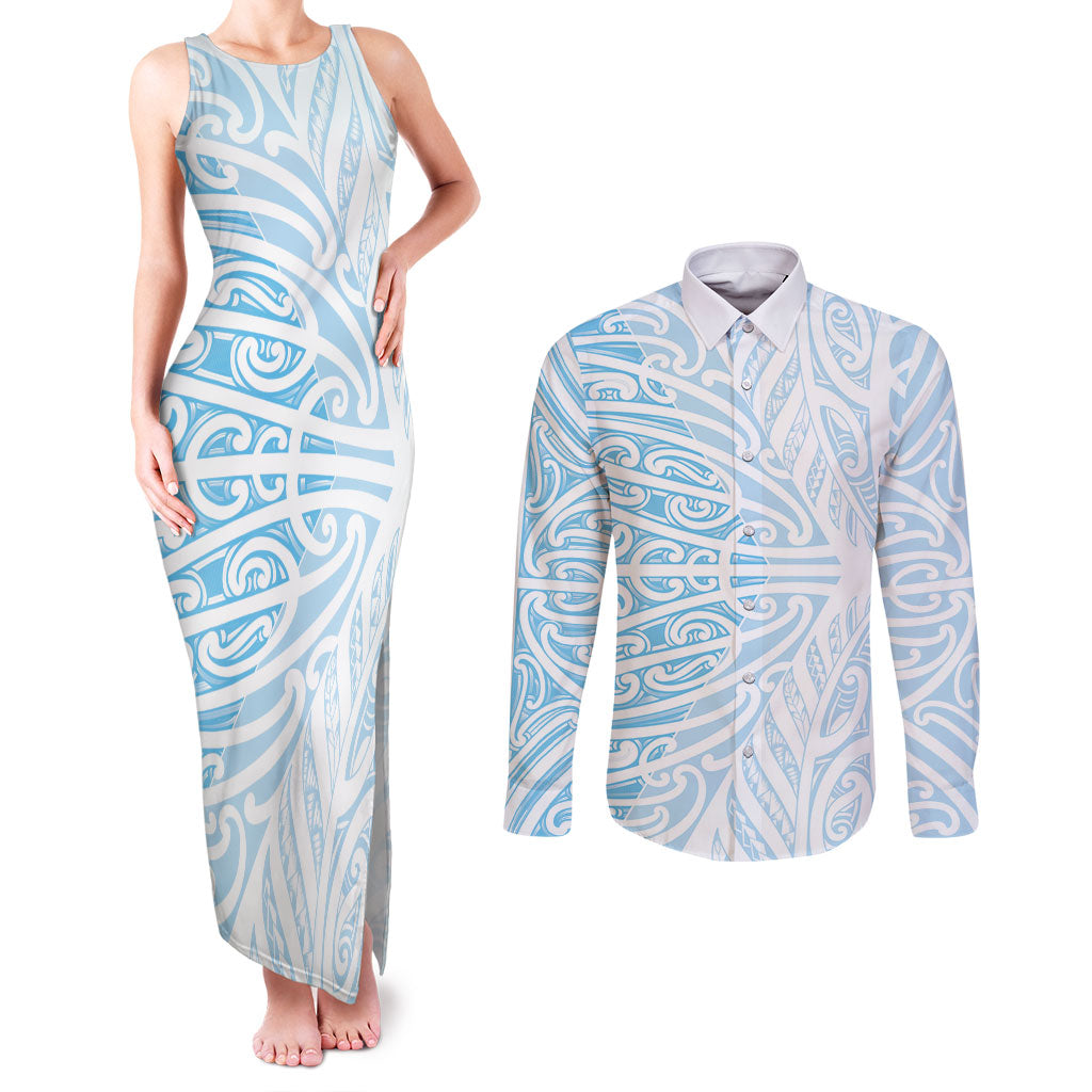 Blue New Zealand Puhoro Maori Tattoo Couples Matching Tank Maxi Dress and Long Sleeve Button Shirt