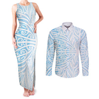 Blue New Zealand Puhoro Maori Tattoo Couples Matching Tank Maxi Dress and Long Sleeve Button Shirt