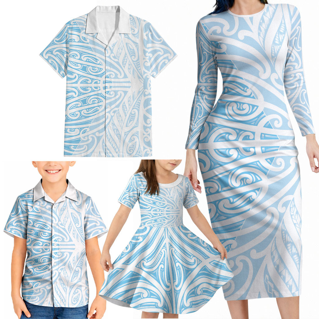 Blue New Zealand Puhoro Maori Tattoo Family Matching Long Sleeve Bodycon Dress and Hawaiian Shirt LT14 - Polynesian Pride