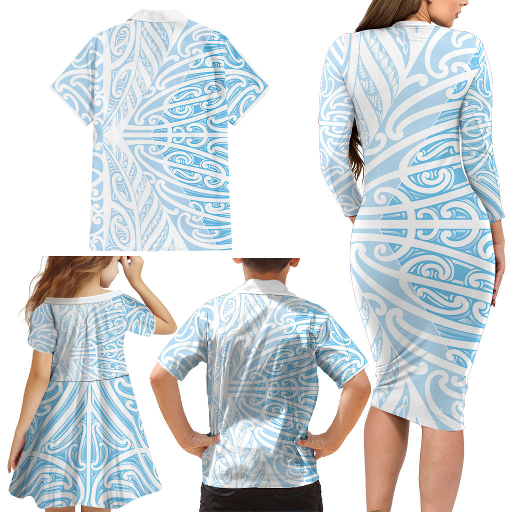 Blue New Zealand Puhoro Maori Tattoo Family Matching Long Sleeve Bodycon Dress and Hawaiian Shirt