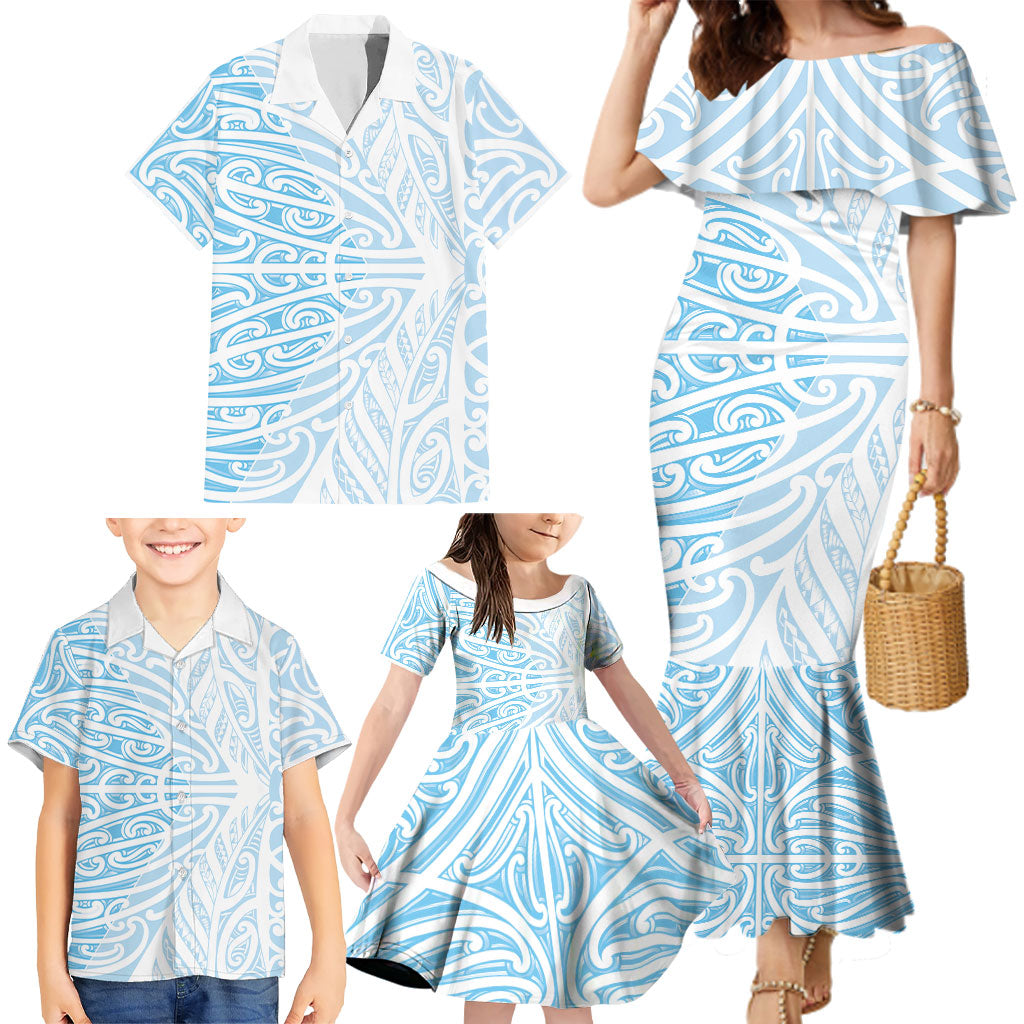 Blue New Zealand Puhoro Maori Tattoo Family Matching Mermaid Dress and Hawaiian Shirt