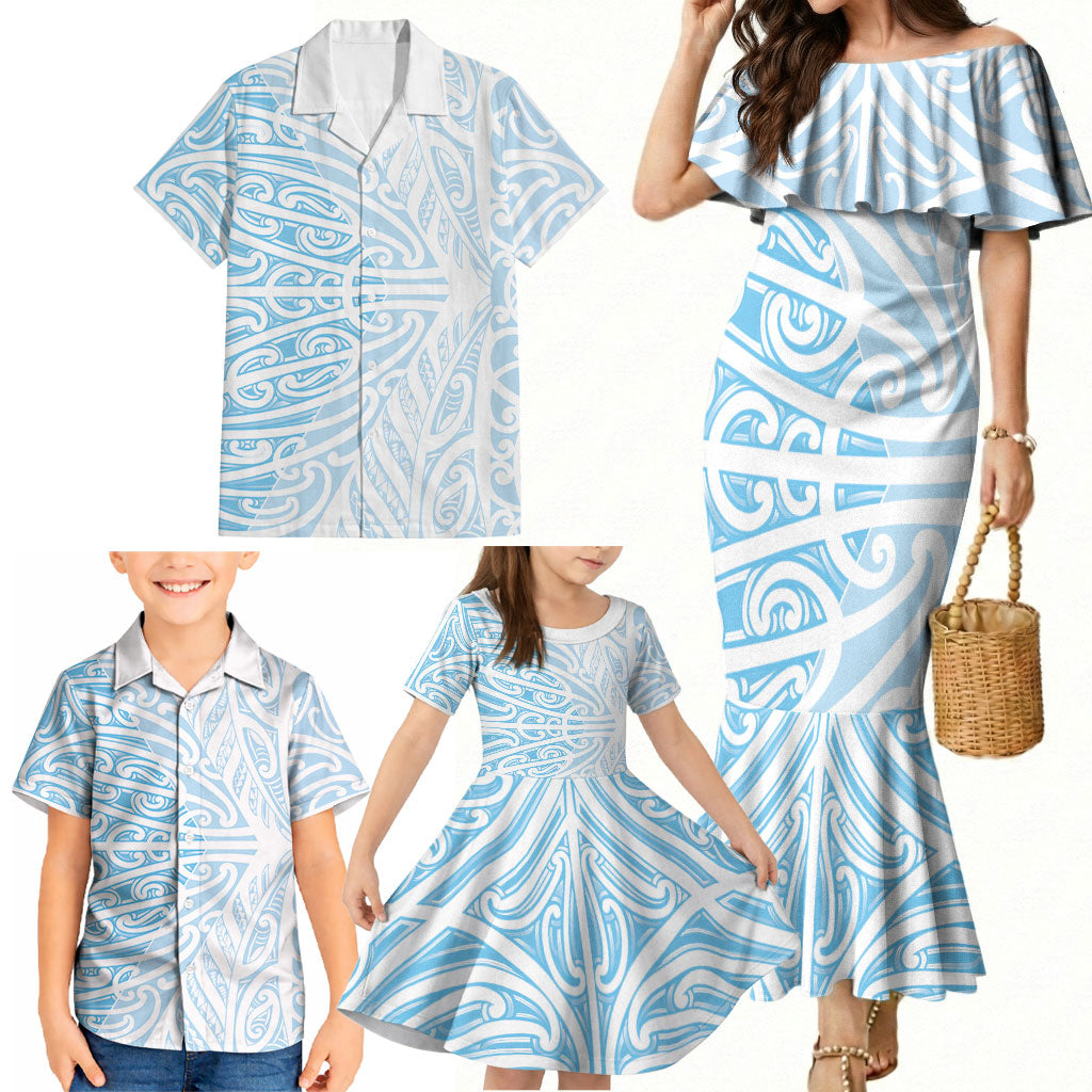 Blue New Zealand Puhoro Maori Tattoo Family Matching Mermaid Dress and Hawaiian Shirt LT14 - Polynesian Pride