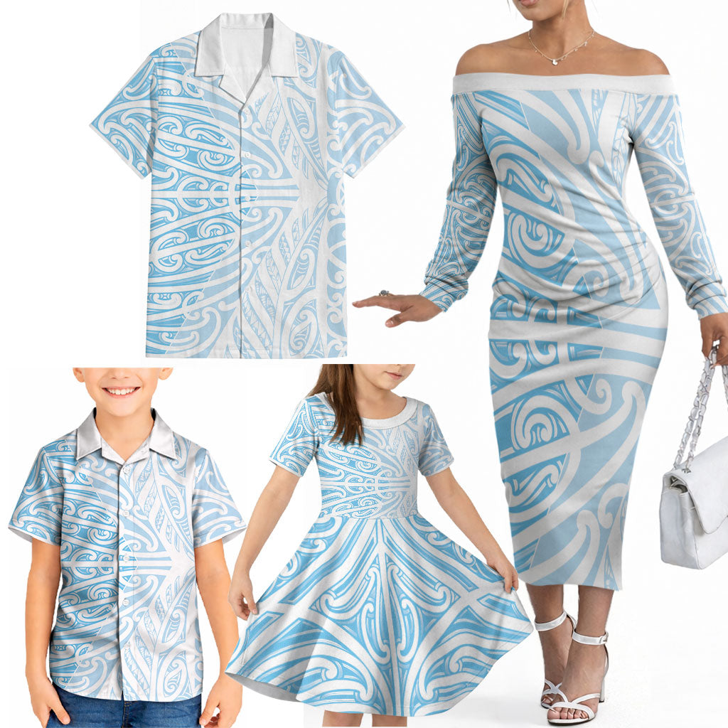 Blue New Zealand Puhoro Maori Tattoo Family Matching Off The Shoulder Long Sleeve Dress and Hawaiian Shirt LT14 - Polynesian Pride