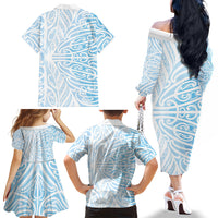 Blue New Zealand Puhoro Maori Tattoo Family Matching Off The Shoulder Long Sleeve Dress and Hawaiian Shirt
