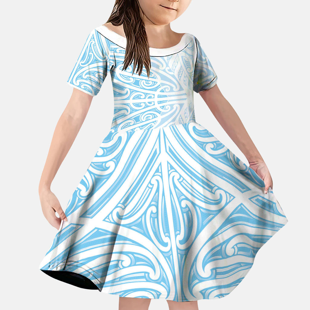 Blue New Zealand Puhoro Maori Tattoo Family Matching Off Shoulder Maxi Dress and Hawaiian Shirt