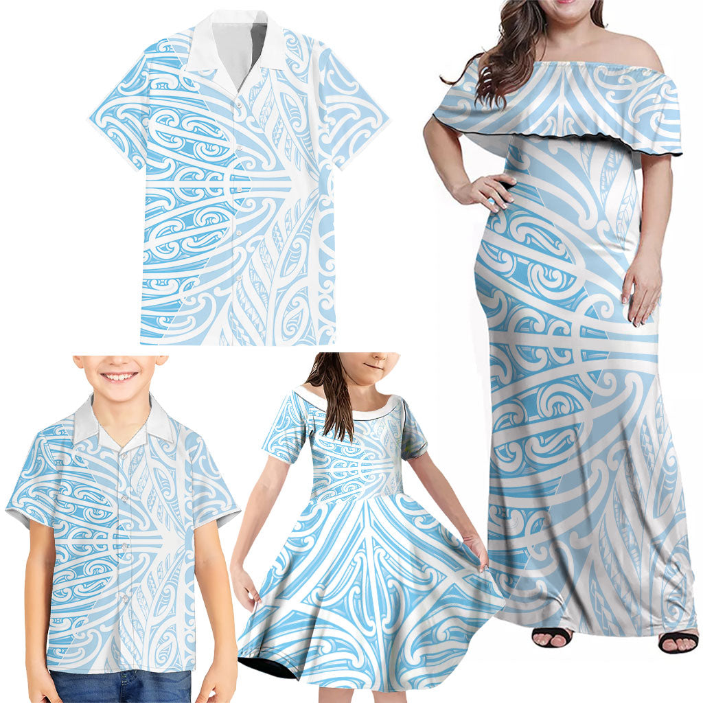 Blue New Zealand Puhoro Maori Tattoo Family Matching Off Shoulder Maxi Dress and Hawaiian Shirt
