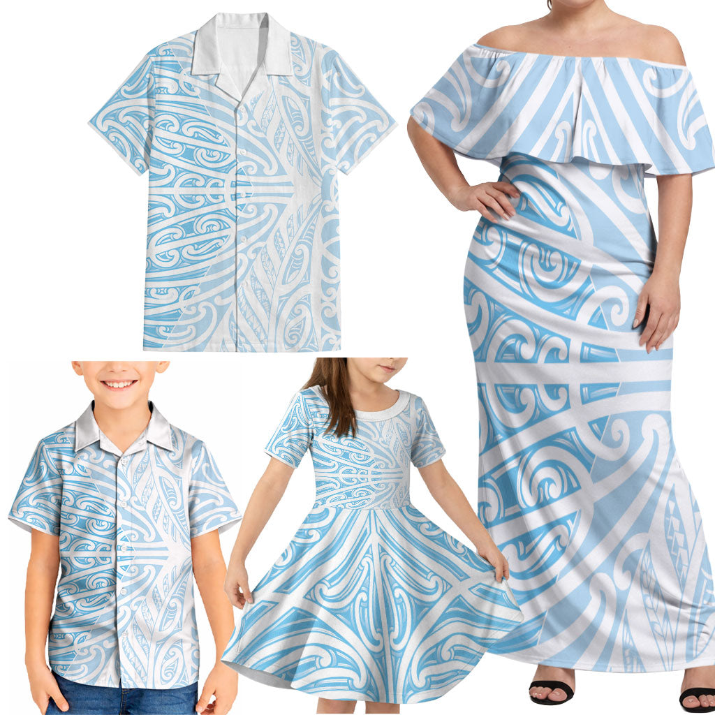 Blue New Zealand Puhoro Maori Tattoo Family Matching Off Shoulder Maxi Dress and Hawaiian Shirt LT14 - Polynesian Pride
